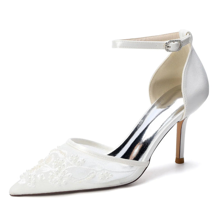 Bridal Pointed Toe High Heels with Floral Pearl Embellishments for Wedding HH024 Sheer Fairy