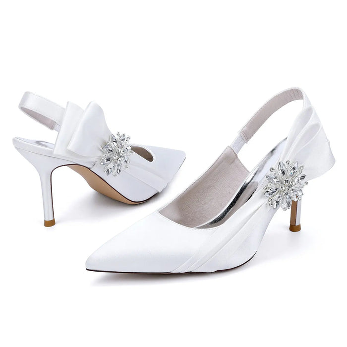 Bridal Pointed Toe Stiletto Heels with Satin Bow and Rhinestone HH027 Sheer Fairy