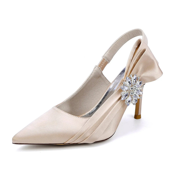 Bridal Pointed Toe Stiletto Heels with Satin Bow and Rhinestone HH027 Sheer Fairy