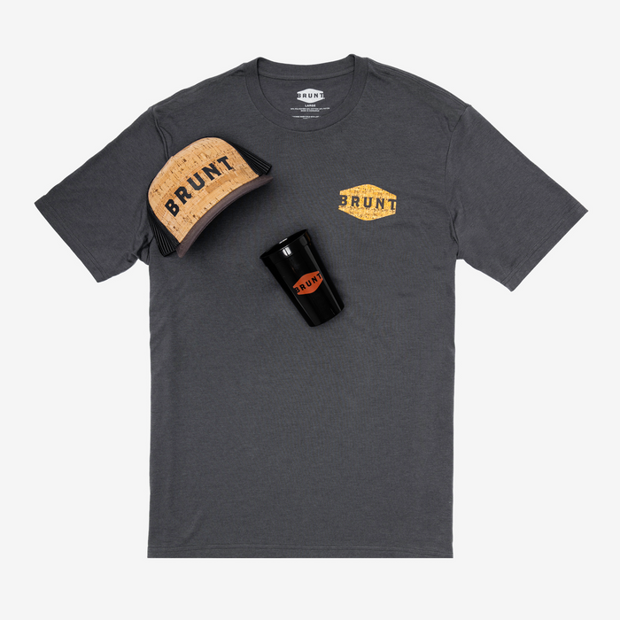 BRUNT limited edition charcoal logo tee, BRUNT charcoal and cork snapback and one black BRUNT cup