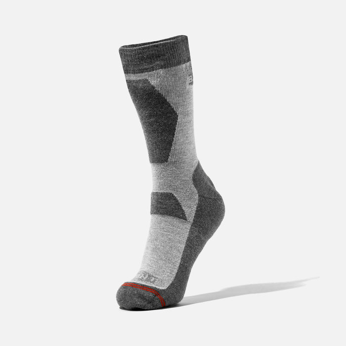 View 2 45 degree angle of left durable cooling socks from COOLMAX yarn with BRUNT logo in grey