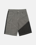 BUTTERFLY V2 SHORTS GREY/BLACK DENIM - grey black patchwork denim shorts, front view - Cold Culture
