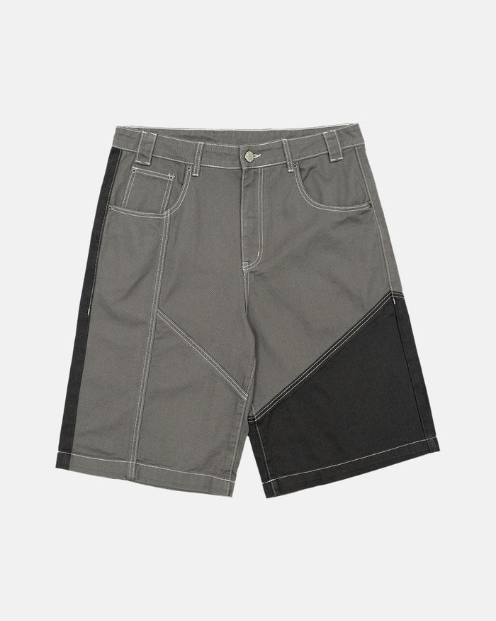 BUTTERFLY V2 SHORTS GREY/BLACK DENIM - grey black patchwork denim shorts, front view - Cold Culture