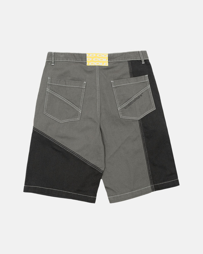 BUTTERFLY V2 SHORTS GREY/BLACK DENIM - grey black patchwork denim shorts, back view - Cold Culture