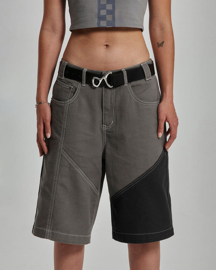 BUTTERFLY V2 SHORTS GREY/BLACK DENIM - grey black patchwork denim shorts, front view on female model - Cold Culture #woman