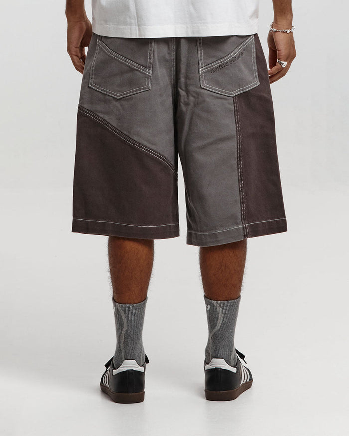 BUTTERFLY V2 SHORTS GREY/BLACK DENIM - grey black patchwork denim shorts, back view on male model - Cold Culture #man