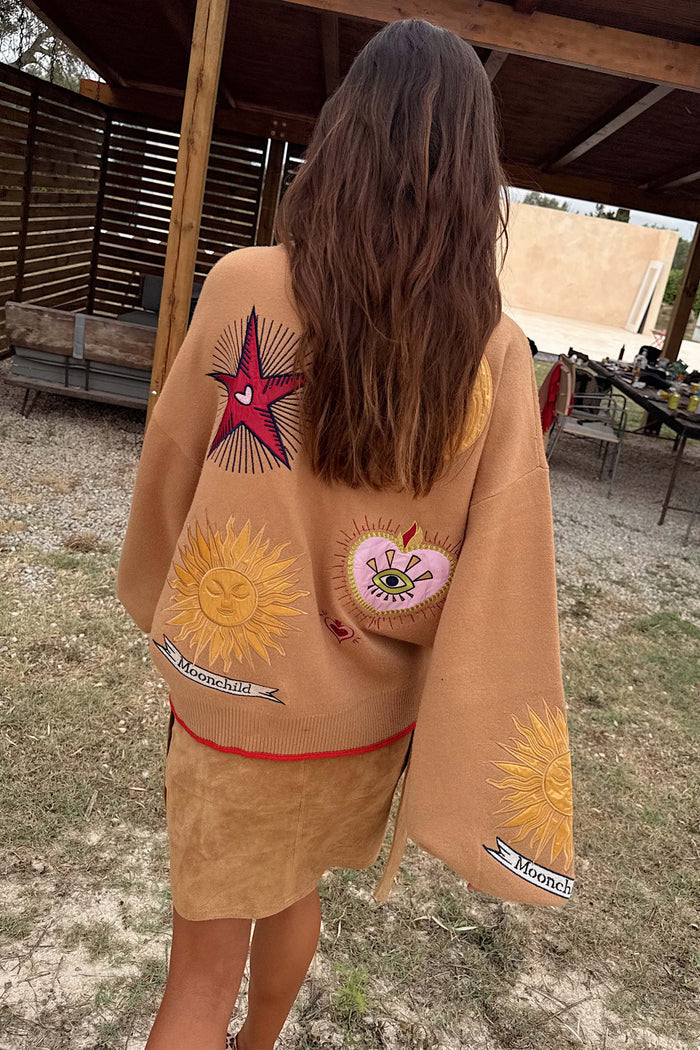 Knit Camel Mystical Cardigan with sun and heart embroidery and Moonchild script on the back and sleeve.