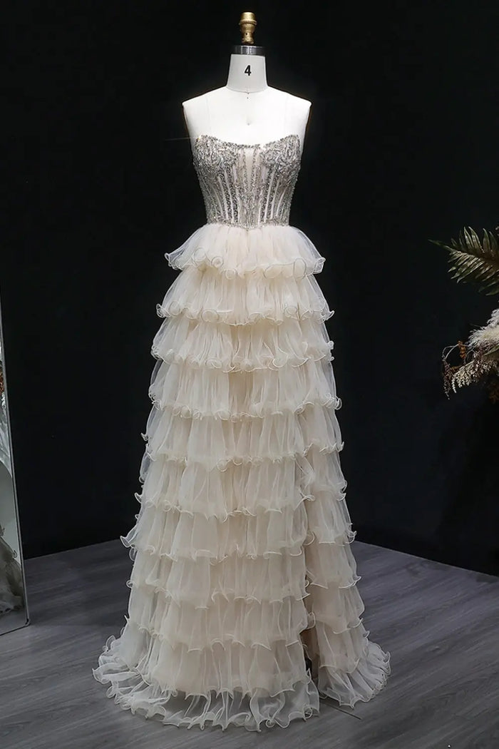 Champagne Beaded Strapless Corset Beige Prom Dress SH052 Sheer Fairy