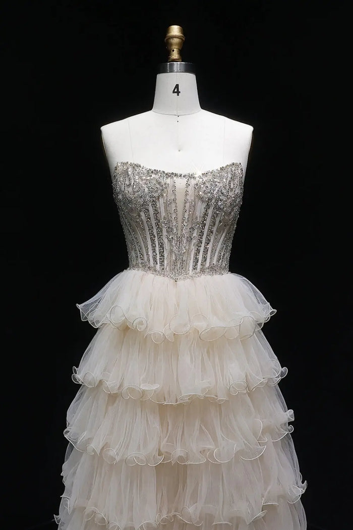Champagne Beaded Strapless Corset Beige Prom Dress SH052 Sheer Fairy