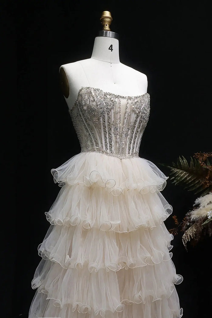 Champagne Beaded Strapless Corset Beige Prom Dress SH052 Sheer Fairy