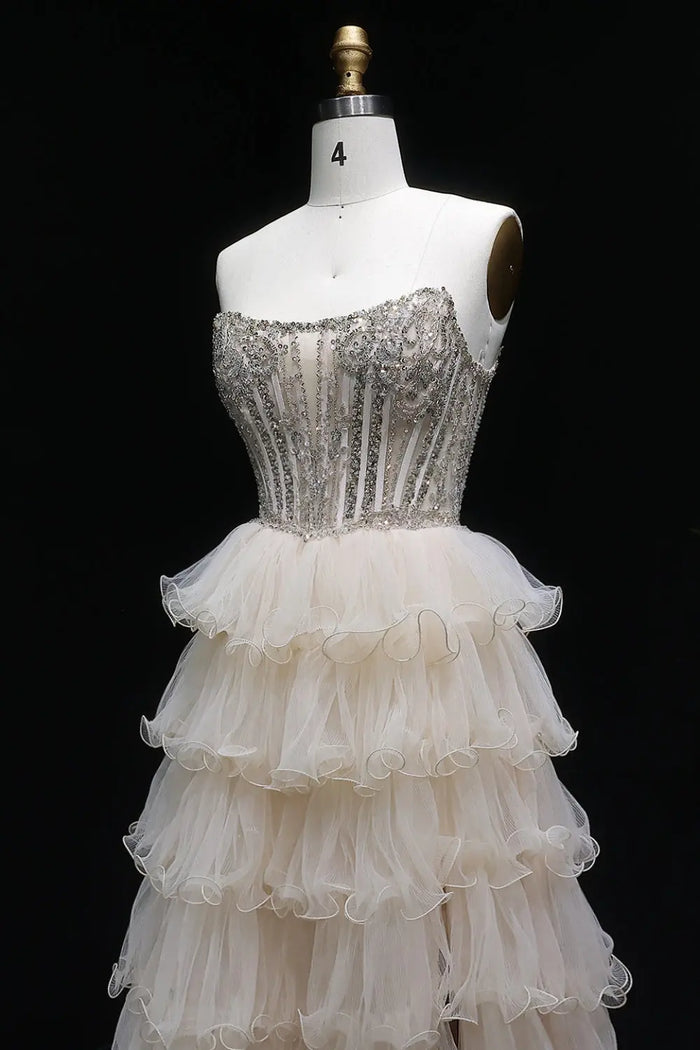 Champagne Beaded Strapless Corset Beige Prom Dress SH052 Sheer Fairy