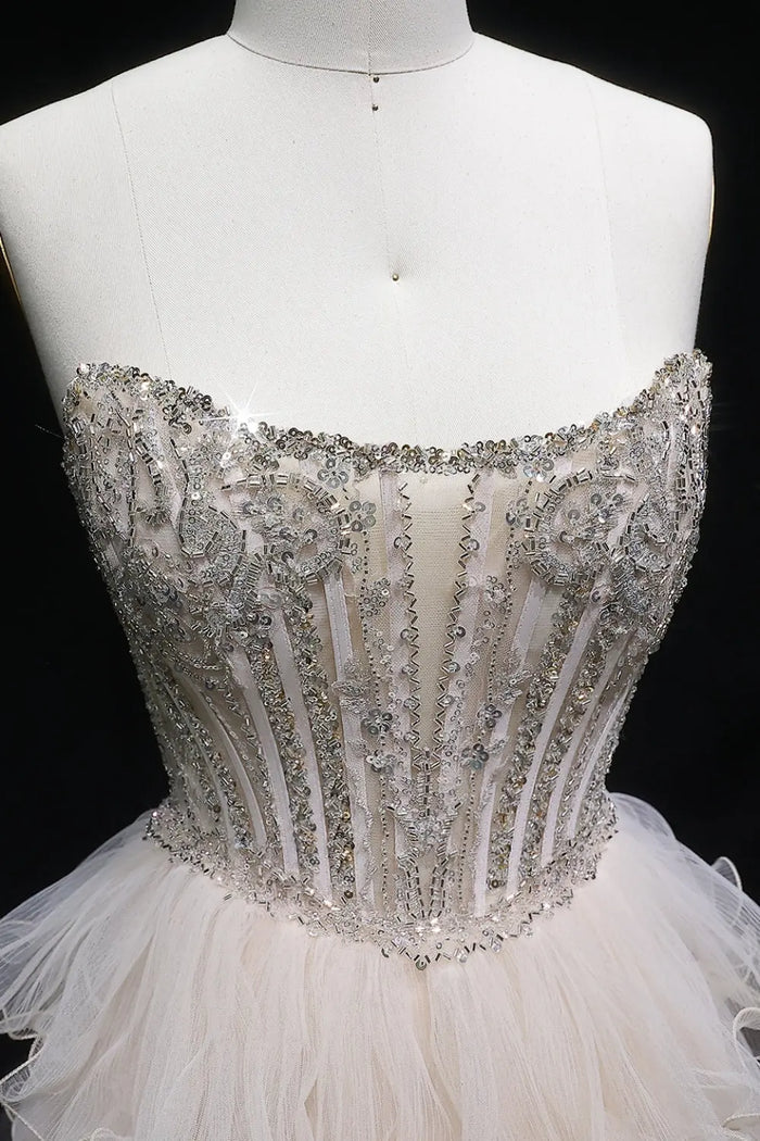 Champagne Beaded Strapless Corset Beige Prom Dress SH052 Sheer Fairy