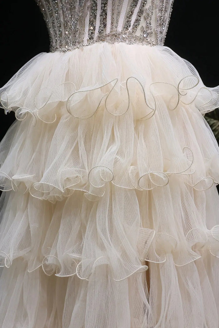 Champagne Beaded Strapless Corset Beige Prom Dress SH052 Sheer Fairy