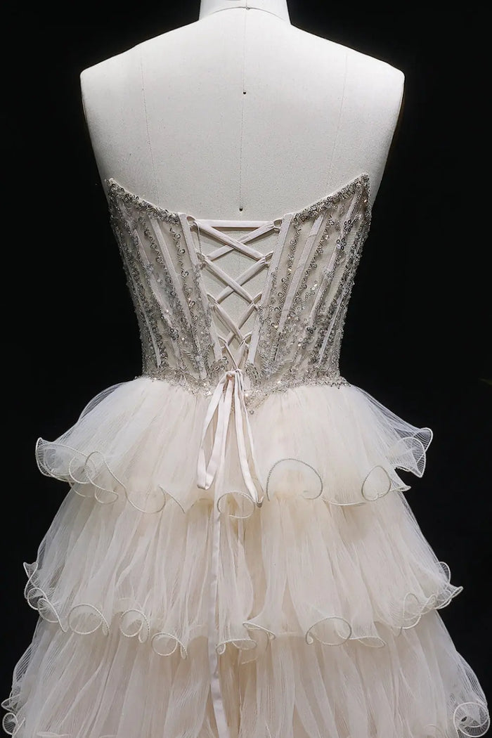 Champagne Beaded Strapless Corset Beige Prom Dress SH052 Sheer Fairy