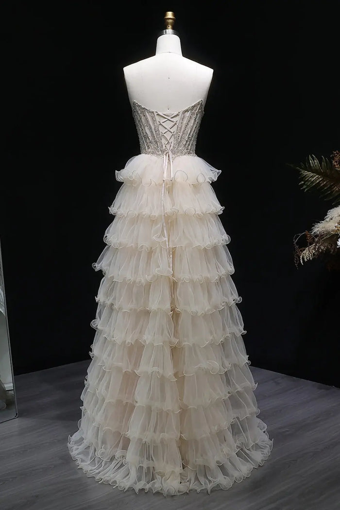 Champagne Beaded Strapless Corset Beige Prom Dress SH052 Sheer Fairy
