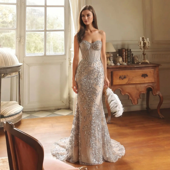 Champagne Satin Mermaid Prom Dress Spaghetti Strap Luxury Beaded Sequins  SH097 Sheer Fairy