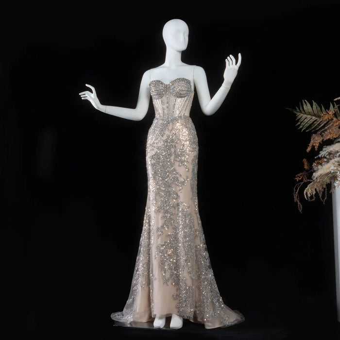 Champagne Satin Mermaid Prom Dress Spaghetti Strap Luxury Beaded Sequins  SH097 Sheer Fairy
