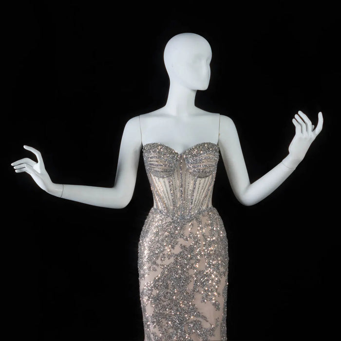Champagne Satin Mermaid Prom Dress Spaghetti Strap Luxury Beaded Sequins  SH097 Sheer Fairy