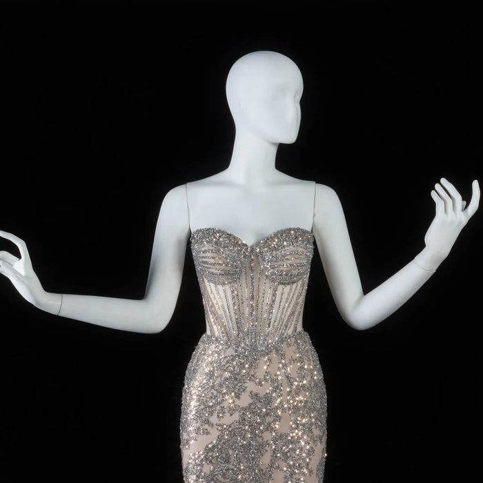 Champagne Satin Mermaid Prom Dress Spaghetti Strap Luxury Beaded Sequins  SH097 Sheer Fairy