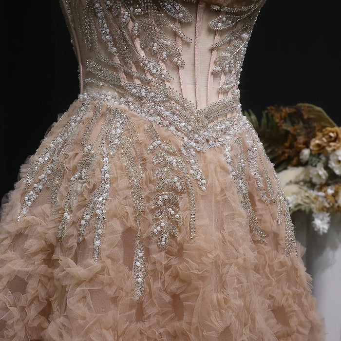 Champagne Sweetheart Beaded Sexy Prom Dress Long Evening Gown SH065 Sheer Fairy