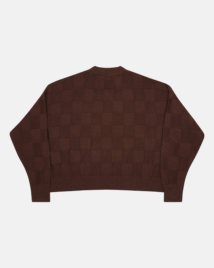 CHECKMATE KNITWEAR BROWN - brown checkerboard knit sweater, back view - Cold Culture