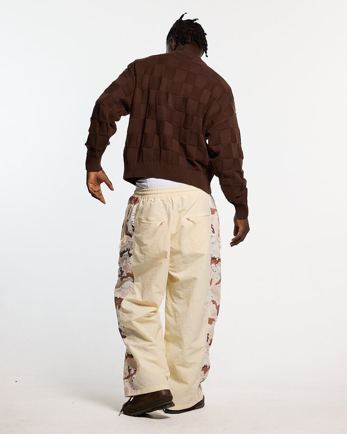 CHECKMATE KNITWEAR BROWN - brown checkerboard knit sweater, back view on male model - Cold Culture #man