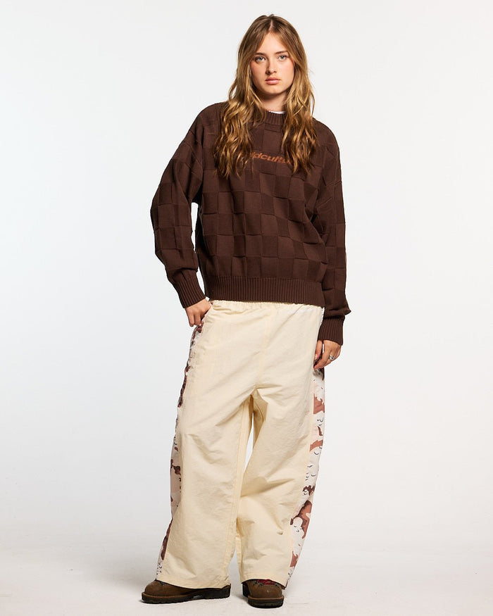 CHECKMATE KNITWEAR BROWN - brown checkerboard knit sweater, front view on female model - Cold Culture #woman