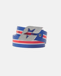 CHEERS LEATHER BELT BLUE & RED - blue and red striped leather belt, front view - Cold Culture