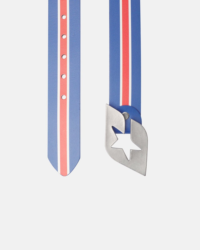 CHEERS LEATHER BELT BLUE & RED - blue and red striped leather belt, detail close-up - Cold Culture