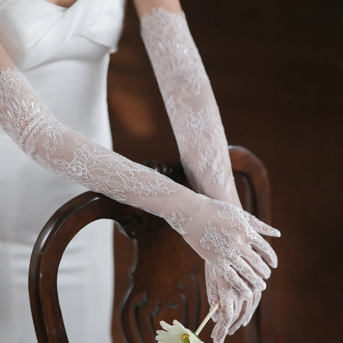 Chic Delicate Floral Pattern Lace Long Wedding Gloves White Bridal Arm Sleeves GL007 SHEER FAIRY