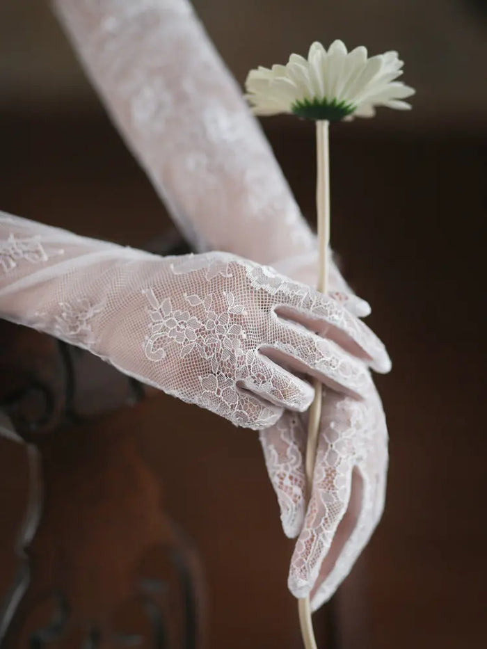 Chic Delicate Floral Pattern Lace Long Wedding Gloves White Bridal Arm Sleeves GL007 SHEER FAIRY