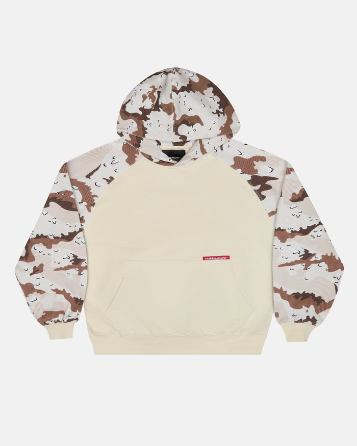 CHIPPED WAFFLE HOODIE BEIGE - beige camo sleeve hoodie, front view - Cold Culture