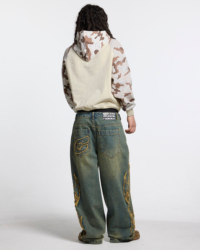 CHIPPED WAFFLE HOODIE BEIGE - beige camo sleeve hoodie, back view on male model - Cold Culture #man