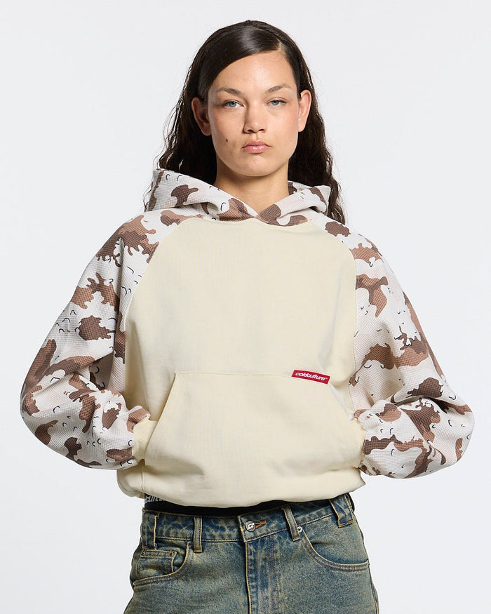 CHIPPED WAFFLE HOODIE BEIGE - beige camo sleeve hoodie, front view on female model - Cold Culture #woman