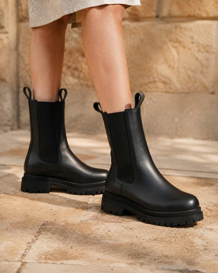 'Chloe' black vegan-leather chelsea boot with chunky sole by Zette Shoes