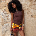 Chocolate Ribbed Tank in soft stretch fabric, paired with a vibrant fruit print mini skirt and lace trim.