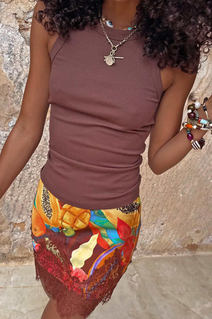 Chocolate Ribbed Tank in soft stretch fabric, a multi-wear staple paired with a tropical print lace skirt.