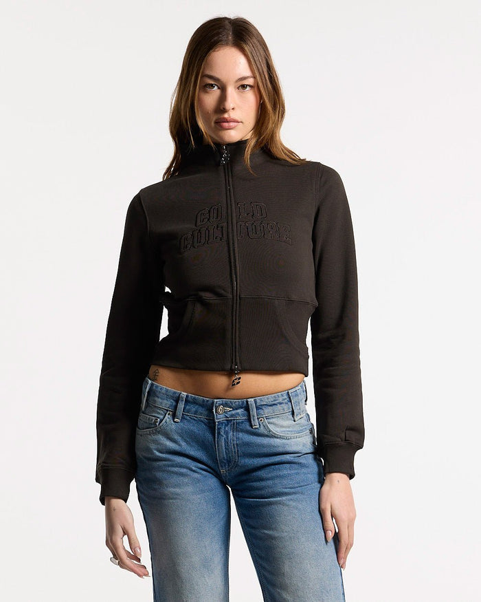 CITY ZIP UP DARK GREY - dark grey cropped zip-up hoodie, front view on female model - Cold Culture #woman