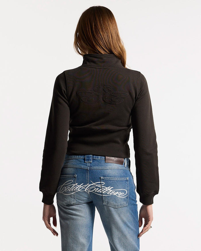 CITY ZIP UP DARK GREY - dark grey cropped zip-up hoodie, back view on female model - Cold Culture #woman