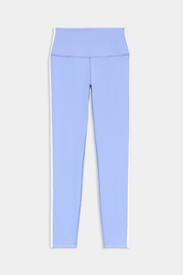 Clare High Waist Rigor 7/8 leggings by SPLITS59 in Purple Haze with white vertical stripes, displayed flat on a white background.
