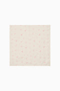 White fabric square scarf with pink floral pattern on a white background