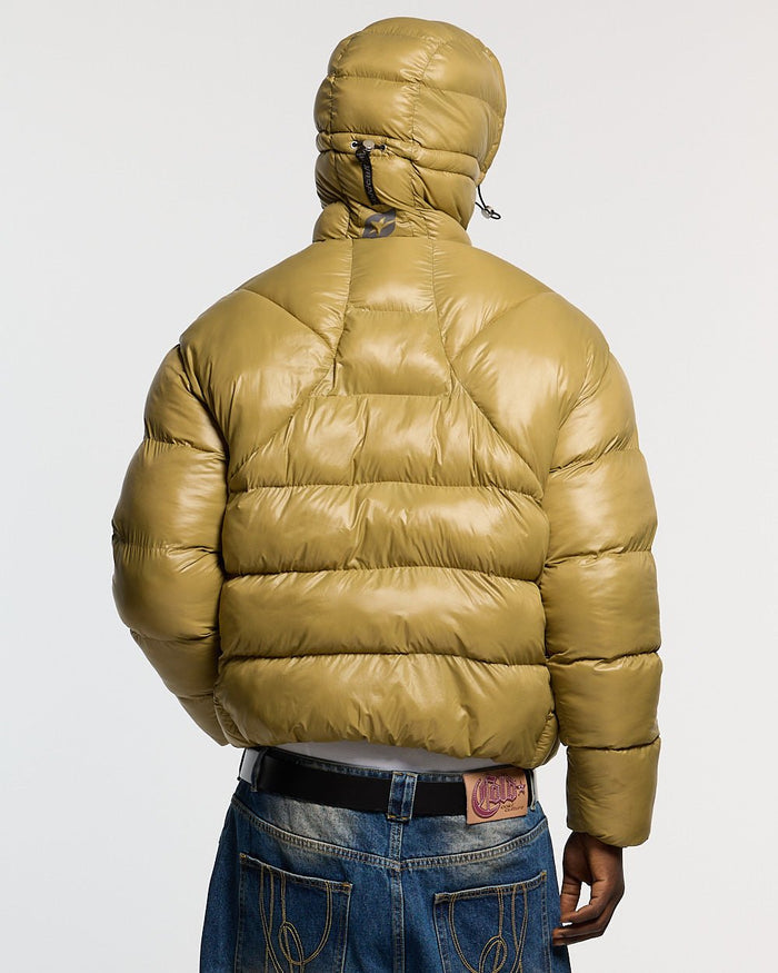 CLOUD ARMOUR PUFFER OLIVE GREEN - olive green hooded puffer jacket, back view on male model - Cold Culture #man