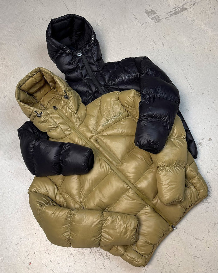 CLOUD ARMOUR PUFFER OLIVE GREEN - olive green hooded puffer jacket, flat lay with matching pieces - Cold Culture