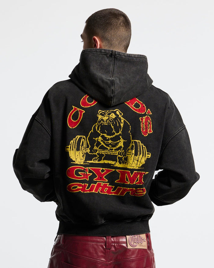 COLD´S GYM HOODIE BLACK - washed black hoodie, back view on male model - Cold Culture #man