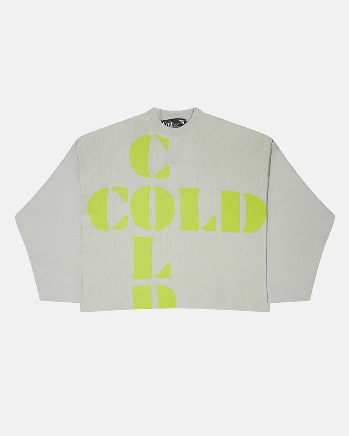 COOL COLD KNIT BEIGE - beige graphic print knit sweater, front view - Cold Culture
