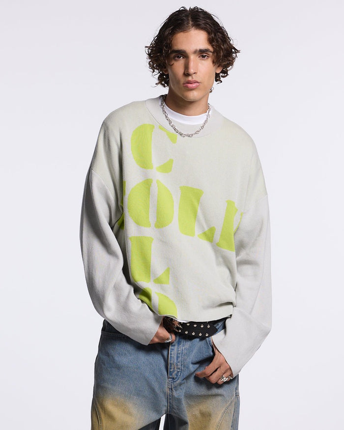 COOL COLD KNIT BEIGE - beige graphic print knit sweater, front view on male model - Cold Culture #man