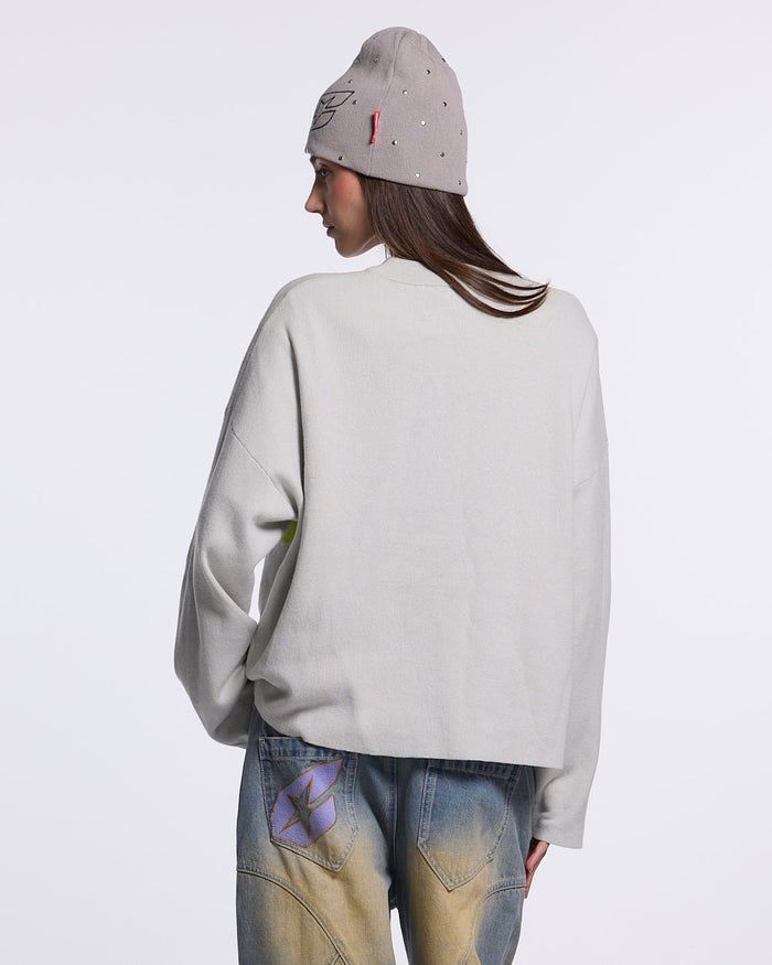 COOL COLD KNIT BEIGE - beige graphic print knit sweater, back view on female model - Cold Culture #woman