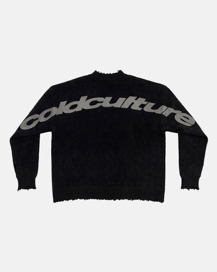 COZY CURVED KNITWEAR BLACK - black distressed knit sweater, back view - Cold Culture