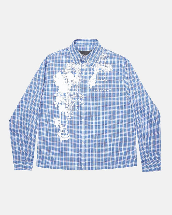 CROSS SHIRT BLUE - blue plaid long sleeve shirt, front view - Cold Culture