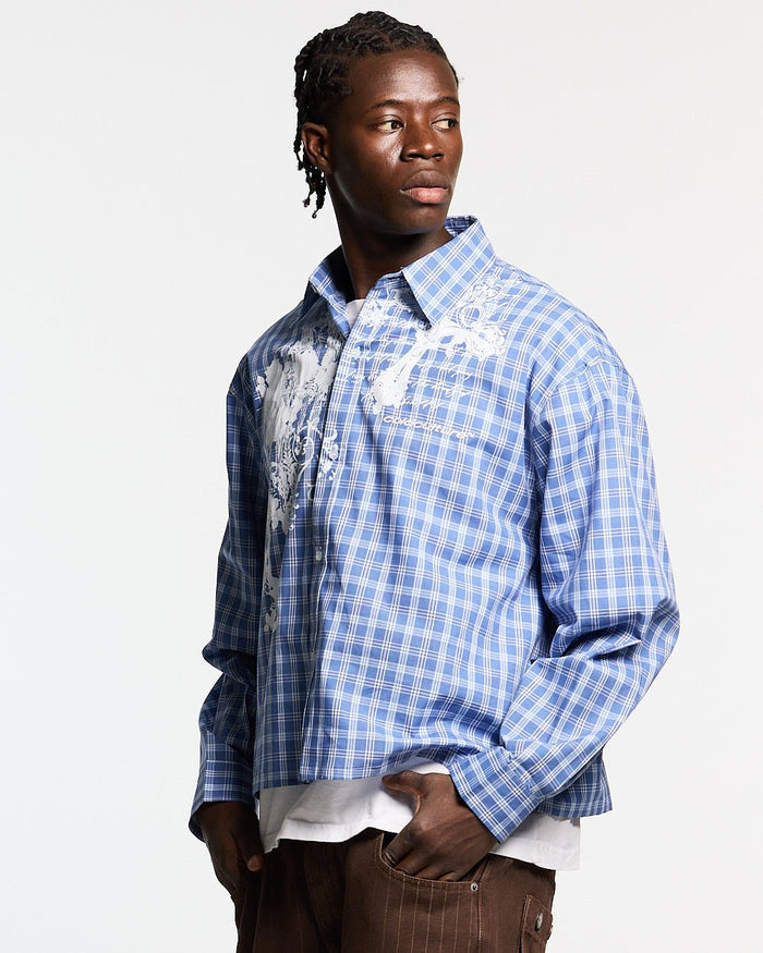CROSS SHIRT BLUE - blue plaid long sleeve shirt, front view on male model - Cold Culture #man